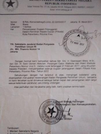 Surat Kemensetneg RI keluar, minta Bawaslu RI selesaikan kecurangan Pilkada Pekanbaru 2017