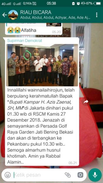 Bupati Kampar Azis Zaenal Tutup Usia