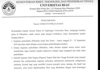 Riau Darurat Asap, Kampus UNRI Kembali Liburkan Mahasiswa Selama Sepekan