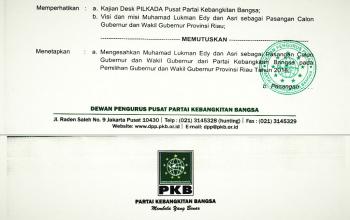 SK PKB tunjuk pasangan LE-Asri Auzar maju di Pilgub Riau 2018