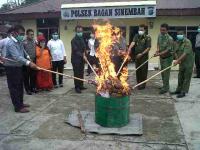 Polisi Bagan Bakar 15 Kilo Ganja Kering di Halaman Mapolsek
