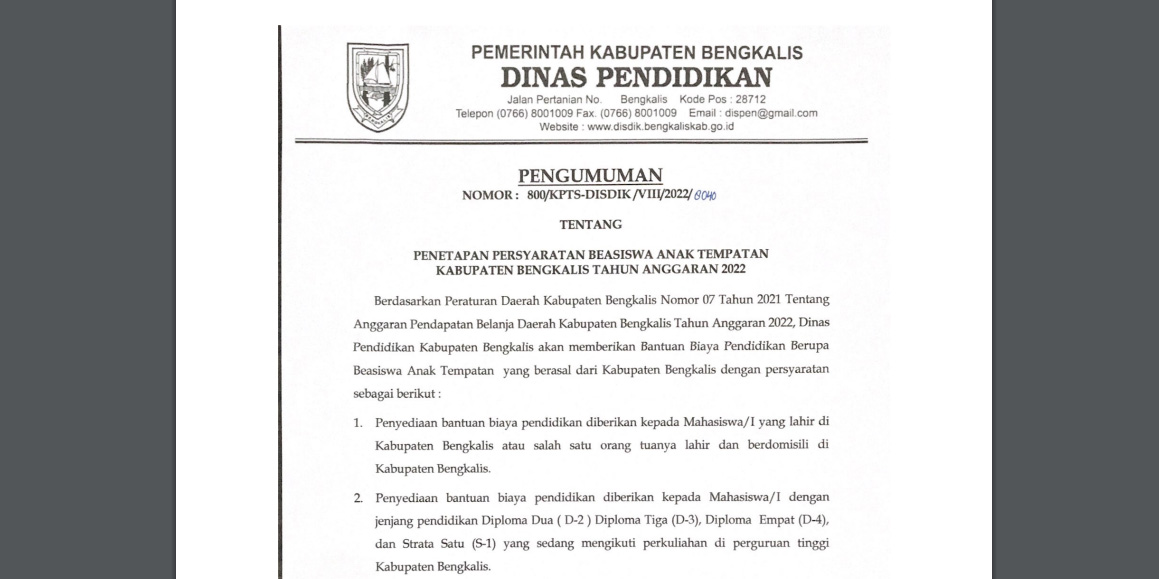 Segera Daftarkan, Beasiswa Prestasi, Anak Tempatan dan Suku Adat Terpencil Disdik Bengkalis 2022 Sud