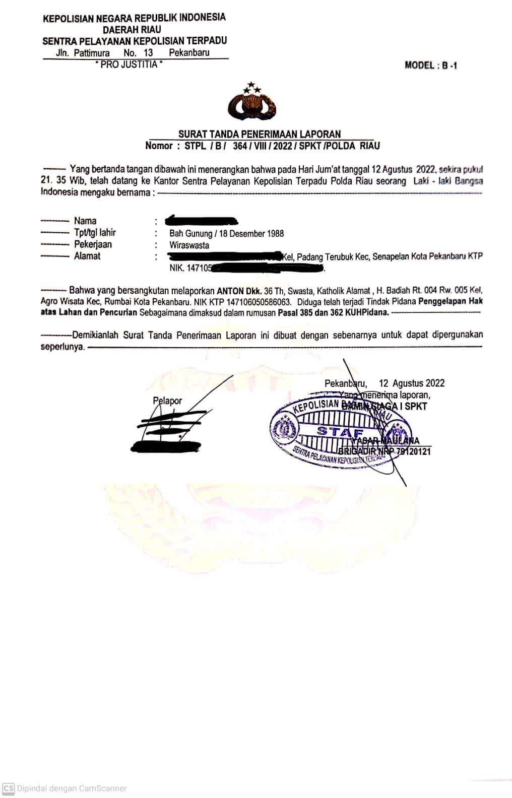 Mantan Anggota DPRD Riau Dilaporkan ke Polda Atas Dugaan Penyerobotan Lahan