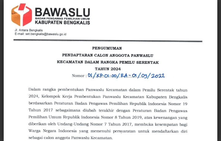 Bawaslu Bengkalis Buka Rekrutmen Panwascam se-Kabupaten Bengkalis, Ini Persyaratannya