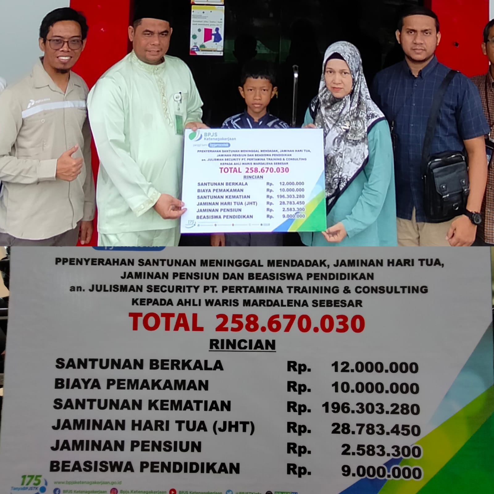BP Jamsostek Cabang Inhil Serahkan JKK Rp 258 kepada Tenaga Kerja PT Pertamina Tembilahan