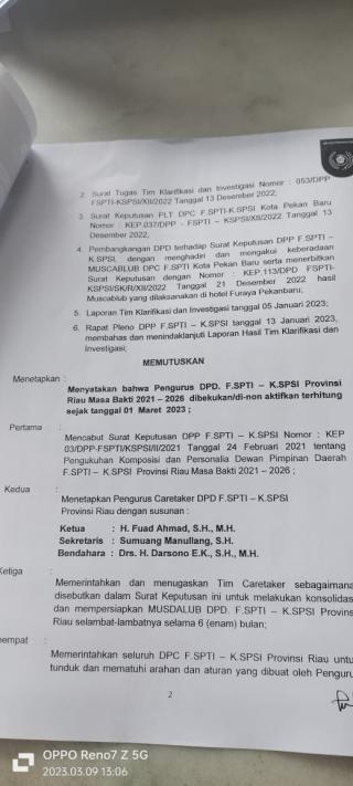 Dianggap Membangkang, DPD F.SPTI Provinsi Riau 2021-2026 Dibekukan DPP Pusat