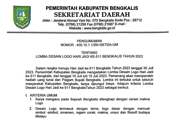 Yuk Ikutan! Peringatan Hari Jadi Ke-511, Pemkab Bengkalis Gelar Lomba Desain Logo