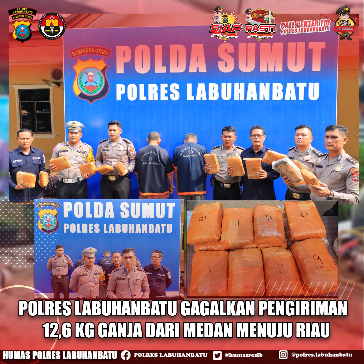 Polres Labuhanbatu Gagalkan Pengiriman 12,6 Kg Ganja dari Medan Menuju Riau