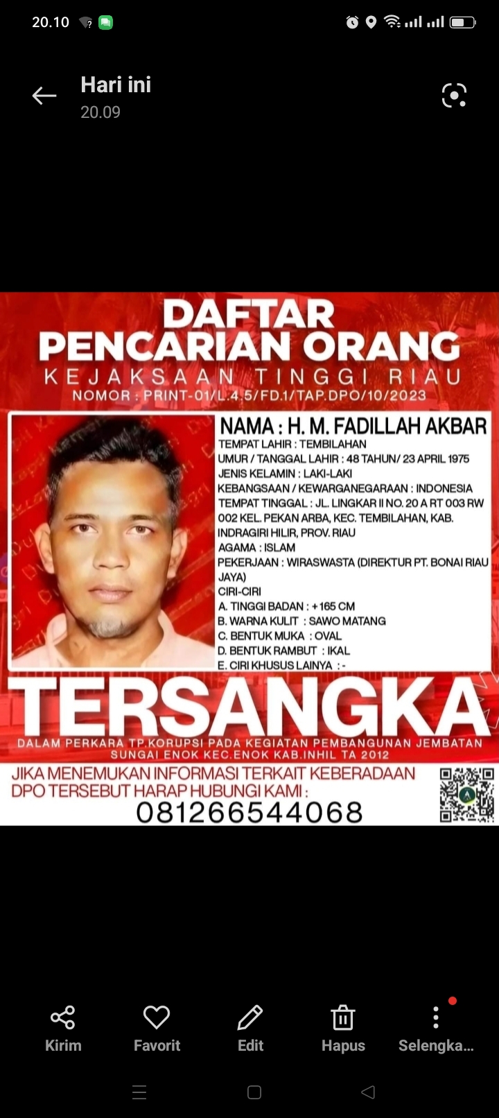 Tersangka Perkara Dugaan Tipikor Pembangunan Jembatan Sungai Enok HM Fadillah DPO