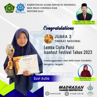 Suvi Aulia Raih Juara 3 Tingkat Nasional Lomba Cipta Puisi Iconfest Tahun 2023