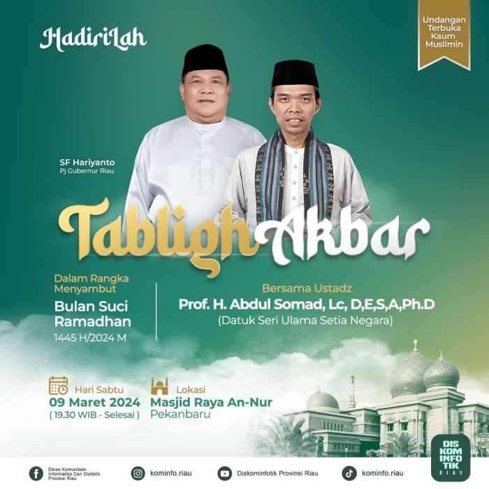 Sambut Ramadhan 1445 H, Pemprov Riau Gelar Tablig Akbar Bersama UAS