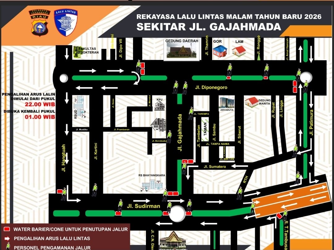 Malam Tahun Baru 2026, Satlantas Pekanbaru Tutup Sejumlah Ruas Jalan dan Siagakan 200 Personel