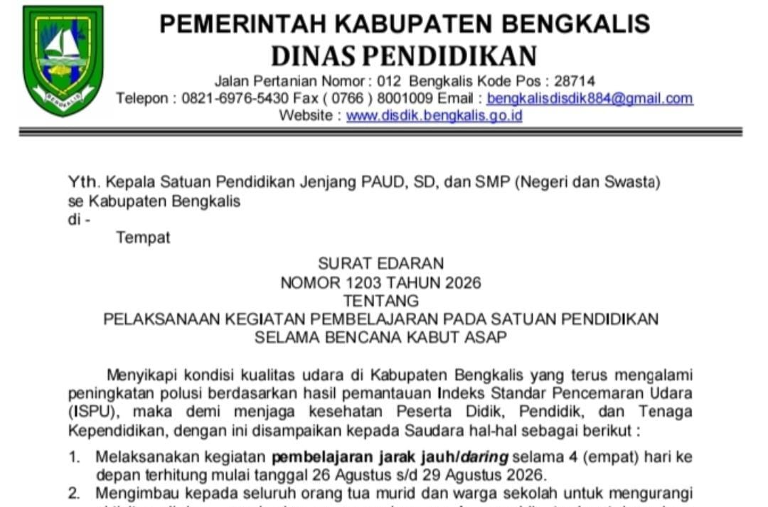 Kualitas Udara Memburuk, Sekolah di Bengkalis Beralih ke Pembelajaran Daring Empat Hari