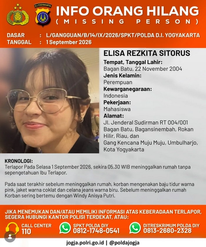 Mahasiswi Asal Riau Hilang di Yogyakarta, Elisa Rezkita Sitorus Dilaporkan ke Polisi