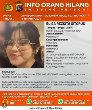 Mahasiswi Asal Riau Hilang di Yogyakarta, Elisa Rezkita Sitorus Dilaporkan ke Polisi