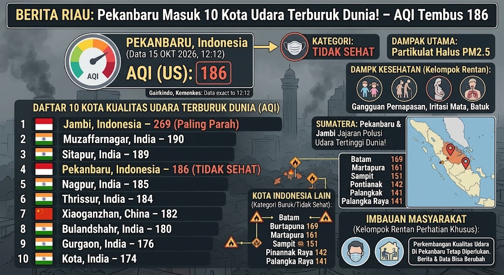 Pekanbaru Masuk 10 Kota dengan Udara Terburuk di Dunia, AQI Tembus 186