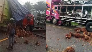 Truk Muatan Motor Oleng, Tabrakan Beruntun dengan Truk Sawit di Jalur Jambi-Riau