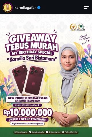 Akun Instagram Karmila Sari Diretas, Muncul Promo Tebus Murah HP dan Emas